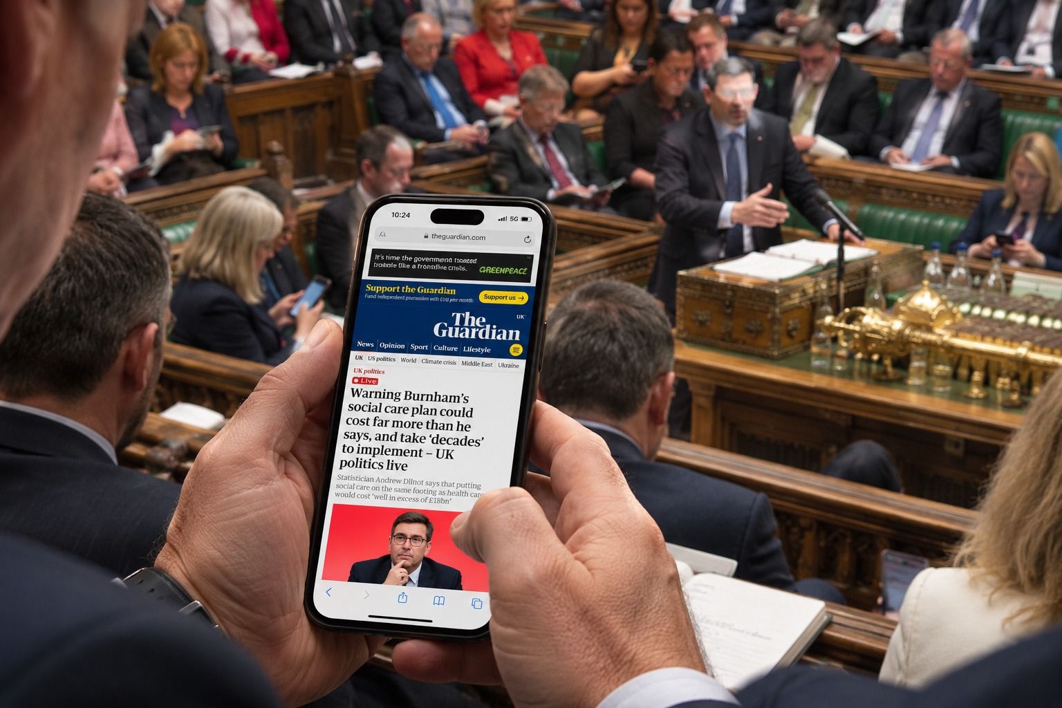 A phone showing a campaign advert on the Guardian website, held up in the House of Commons chamber